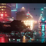 a dramatic scene captures the aftermath of a car wreck in dallas, with shattered glass glinting under bright headlights, as emergency responders assess the situation amidst a smoky haze and the glow of neon city lights.