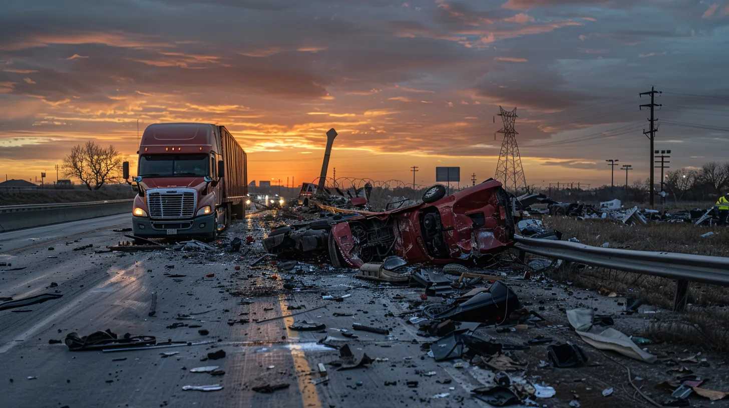 a dramatic scene captures the aftermath of a truck accident on interstate 10, showcasing the twisted wreckage of the vehicles, scattered debris, and a hauntingly empty road under a somber twilight sky, emphasizing the urgency of gathering evidence for justice.