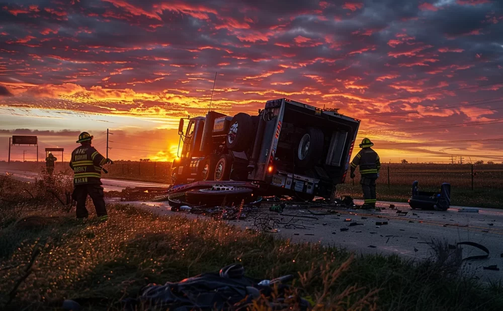 a dramatic scene capturing a powerful 18-wheeler overturned on a texas highway at sunset, with emergency responders diligently assessing the situation, conveying the urgency and gravity of truck crash incidents.