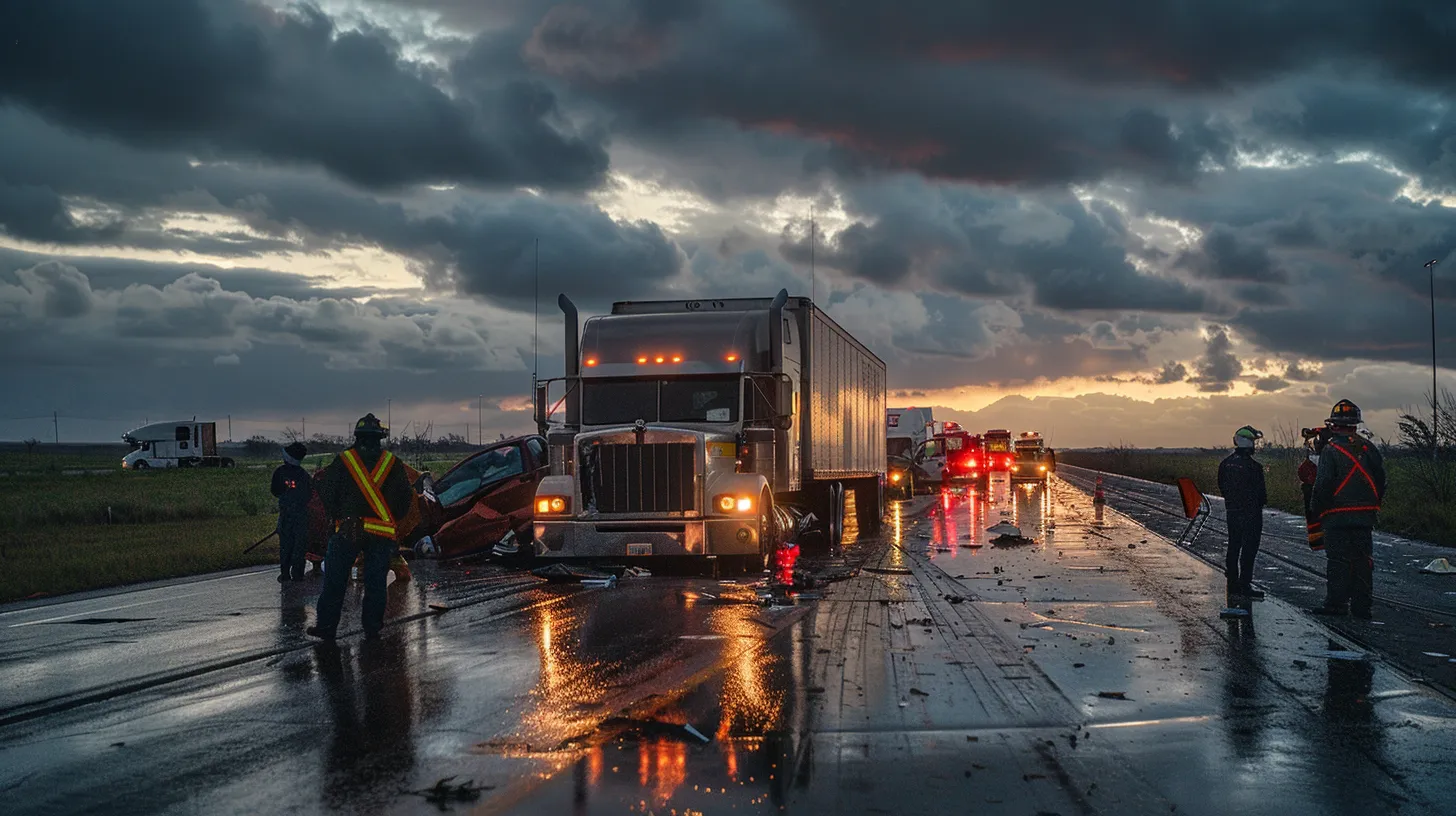 a dramatic scene capturing the aftermath of an 18-wheeler accident, featuring a damaged truck on a busy highway, emergency responders assessing the situation, and curious onlookers maintaining a safe distance under a cloudy sky.