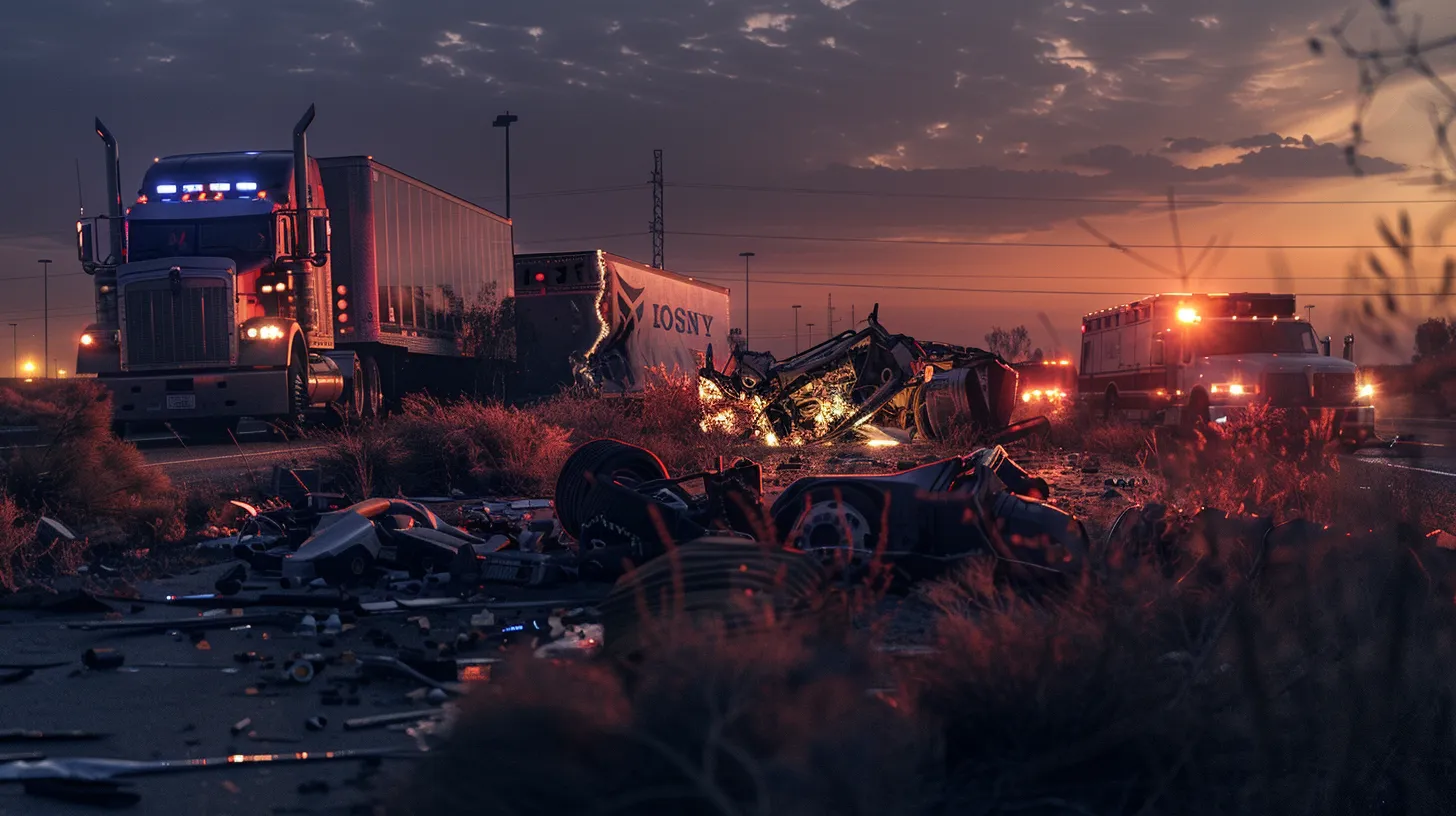 a dramatic scene depicting a chaotic multi-vehicle pile-up on a highway, featuring a large 18-wheeler and delivery trucks entangled, under a moody twilight sky with emergency lights flashing in the background.