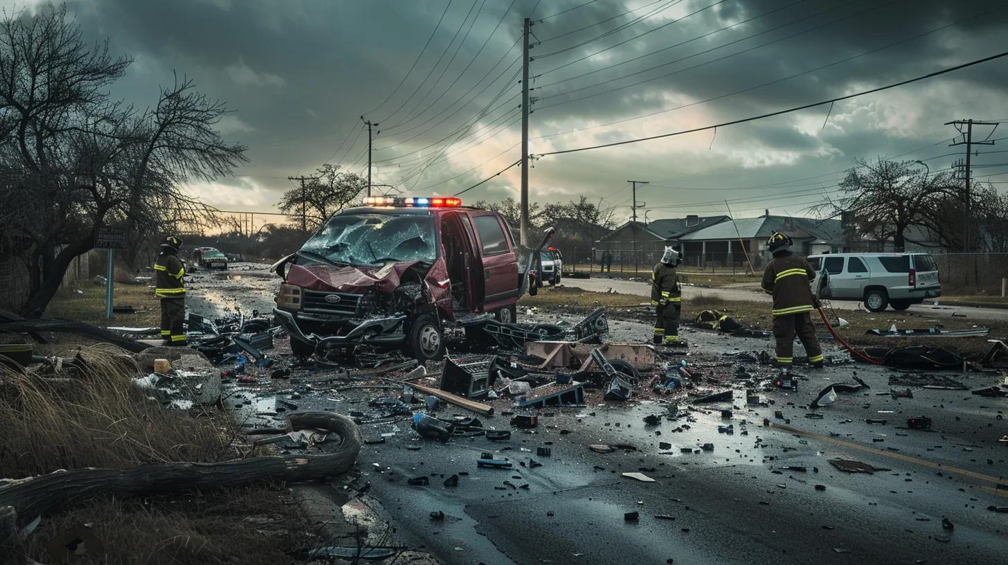 a dramatic scene of a texas car accident aftermath, highlighting a crumpled vehicle surrounded by emergency responders and scattered debris, under a moody, overcast sky that evokes urgency and caution.