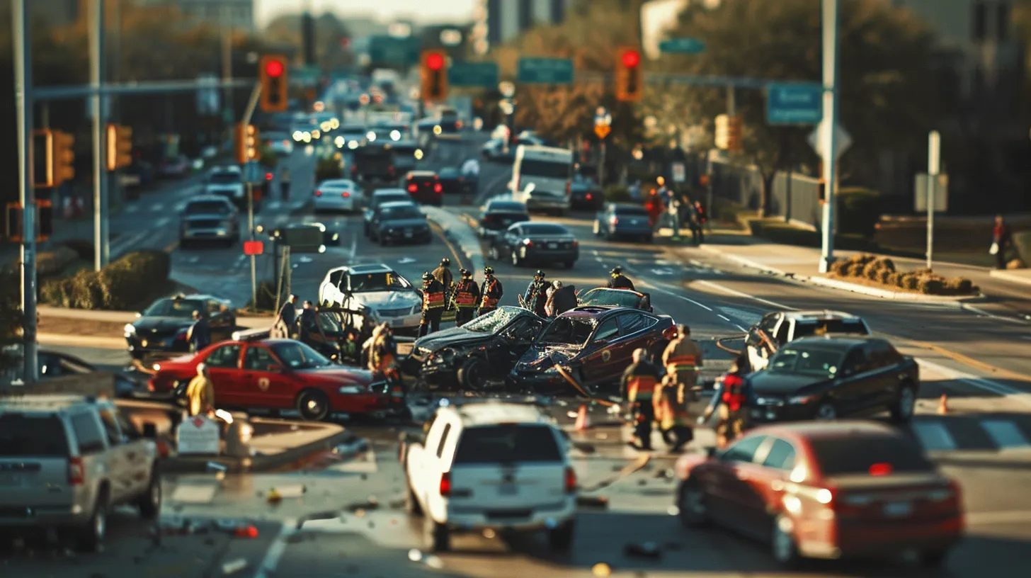 a dramatic scene of a crowded san antonio intersection with wrecked vehicles and emergency responders, illustrating the chaos and urgency of a car accident situation.