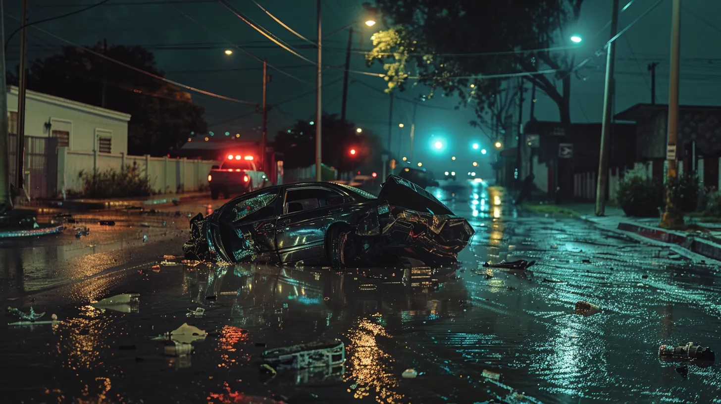 a dramatic scene of a crumpled car amidst a rain-soaked street in mcallen, illuminated by flashing emergency lights, capturing the aftermath of a serious accident and the somber reality of distracted driving.