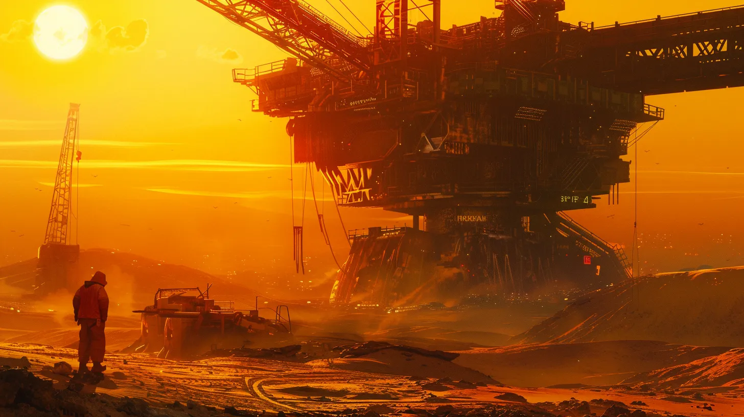 a dramatic scene of an oilfield worker standing amidst towering machinery, gazing thoughtfully into the distance, illuminated by the golden hues of a setting sun, symbolizing the profound challenges faced in oilfield injury claims.