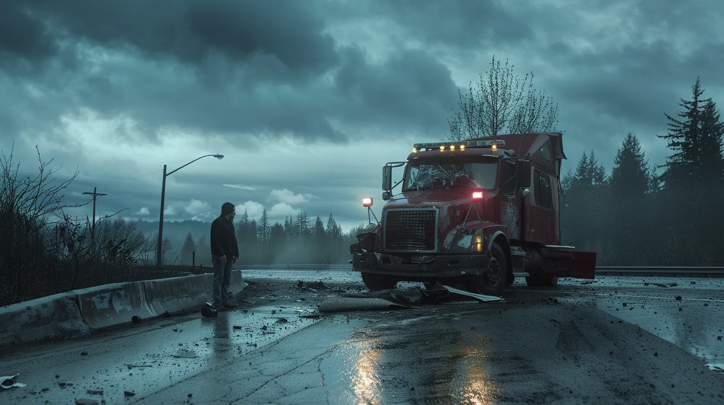 a dramatic scene unfolds as a damaged truck rests beside a quiet highway under a cloudy sky, emergency lights flashing, while a concerned driver stands safely away, surveying the aftermath of the wreck.