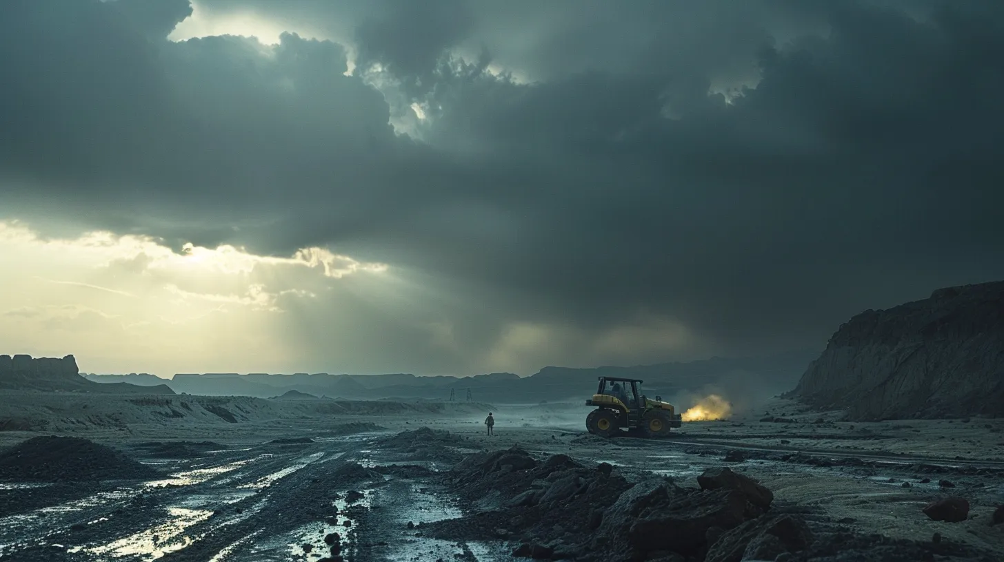 a dramatic scene unfolds in a rugged oilfield, showcasing a solitary figure in safety gear standing amidst heavy machinery, with a vast sky overhead, symbolizing the complexities and risks surrounding compensation in oilfield injury cases under dim, overcast lighting.