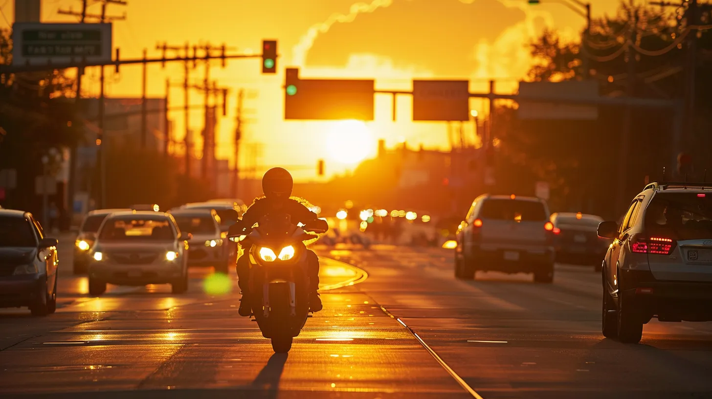 a dramatic sunset casts golden light over a bustling dallas intersection, where a sleek motorcycle stands still amidst blurred car traffic, highlighting the perilous dance between speed and safety.