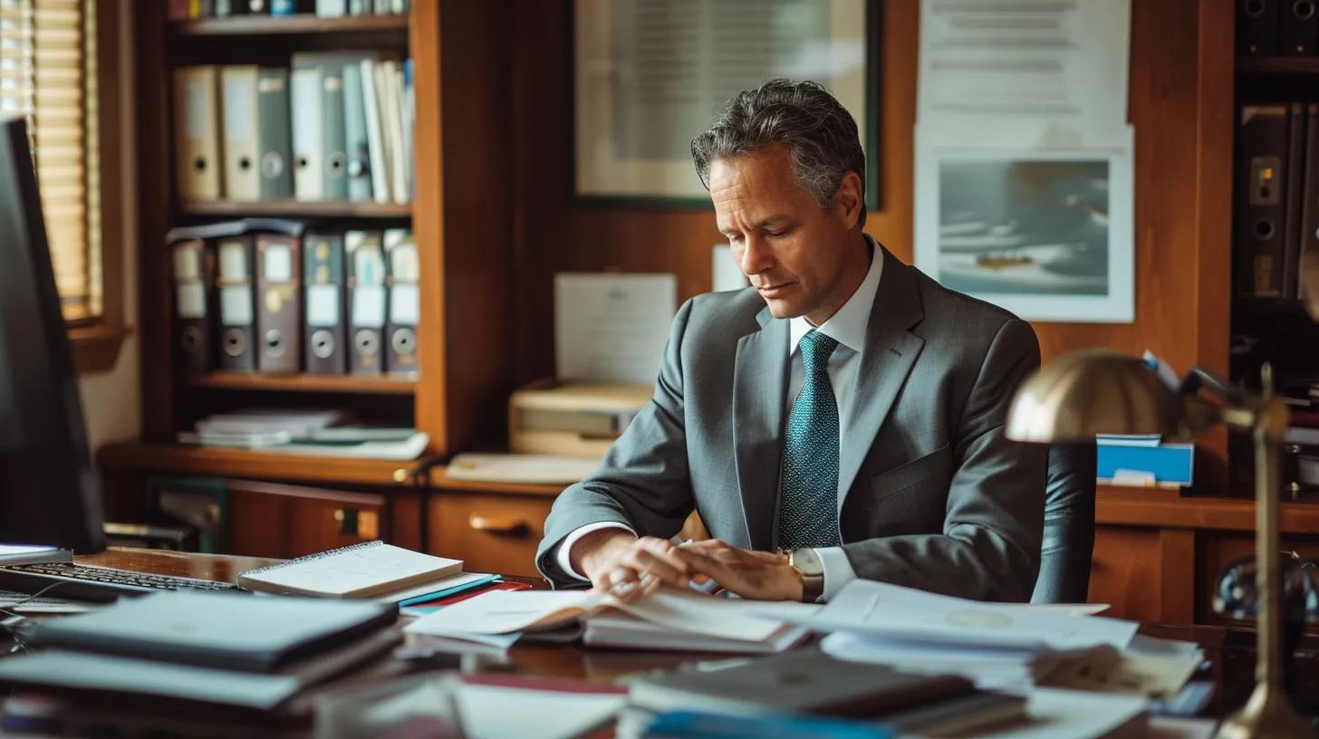 a focused and determined auto accident attorney sits at a desk in their austin office, surrounded by case files and legal documents, engaged in a deep consultation with a client, highlighting the serious nature of legal processes in personal injury cases.