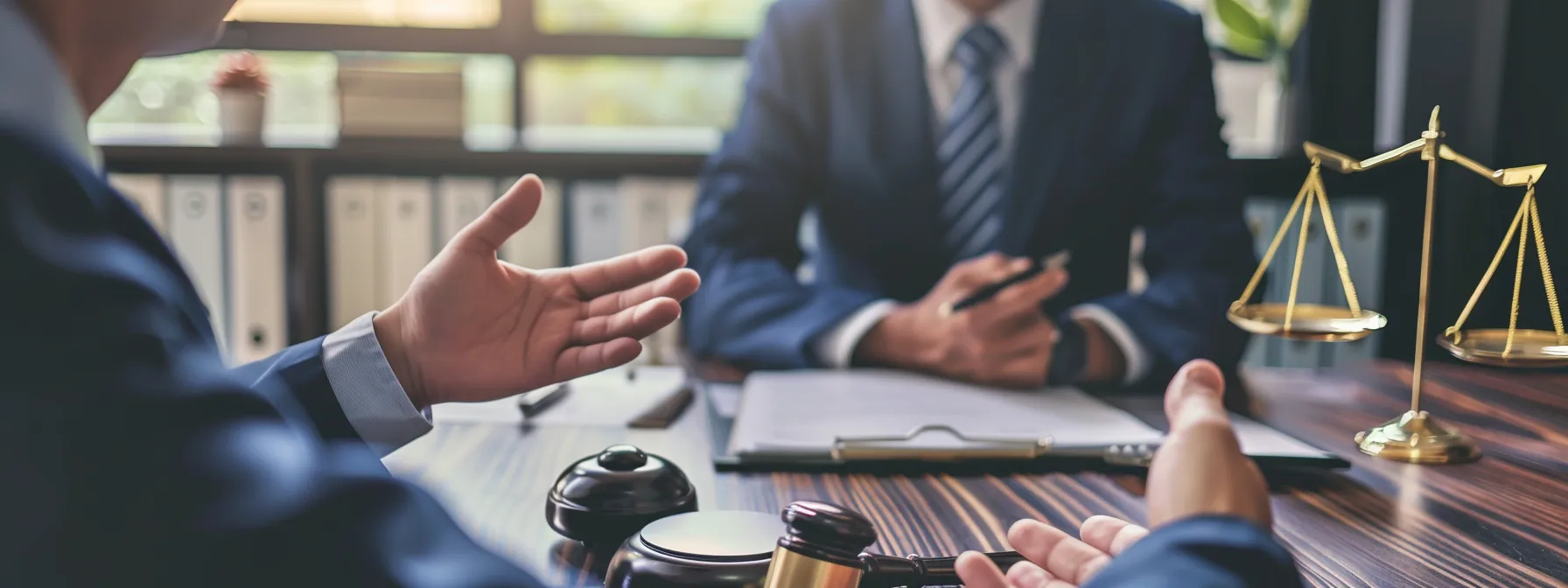 a focused and determined individual sitting across a seasoned slip and fall lawyer in a texas office, discussing legal fees and contingency agreements.