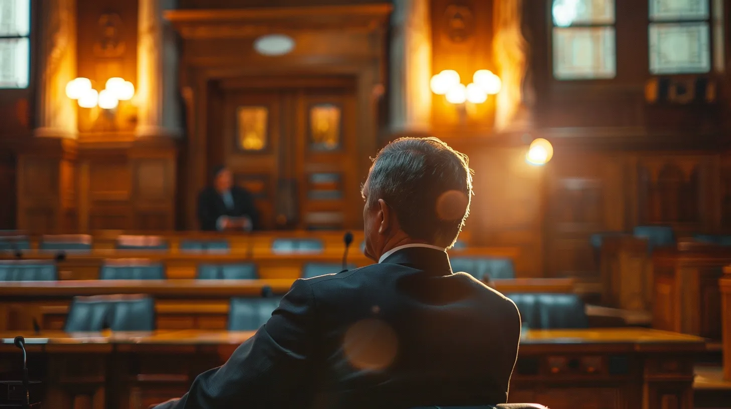 a focused courtroom scene highlights a poised truck accident attorney confidently presenting a compelling case, illuminated by dramatic lighting that emphasizes the intensity and gravity of the personal injury trial.