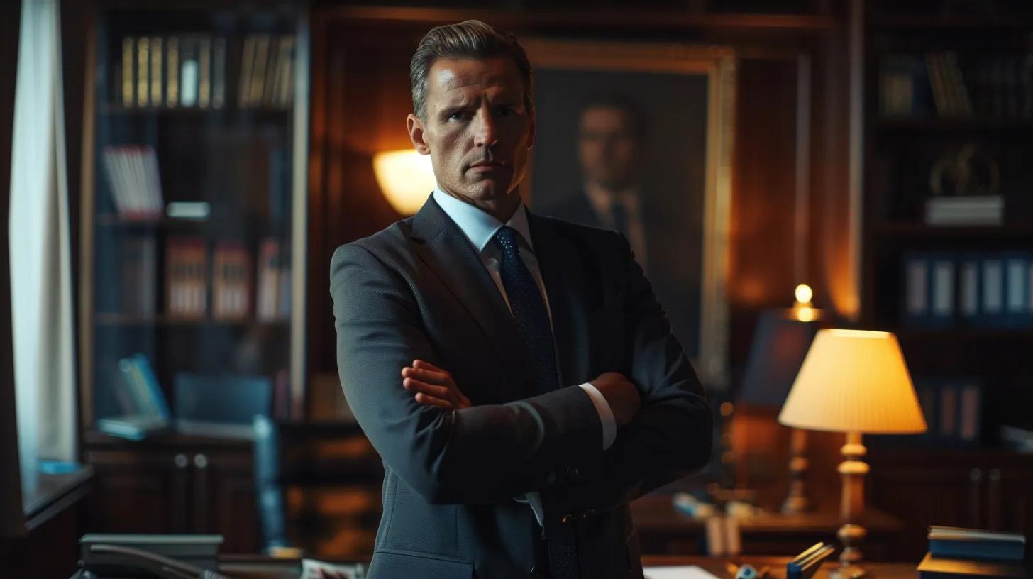 a focused, dramatic close-up of a confident attorney standing in a sleek office, surrounded by legal books and case files, illuminated by soft, warm lighting that emphasizes the seriousness of seeking justice after a car accident.