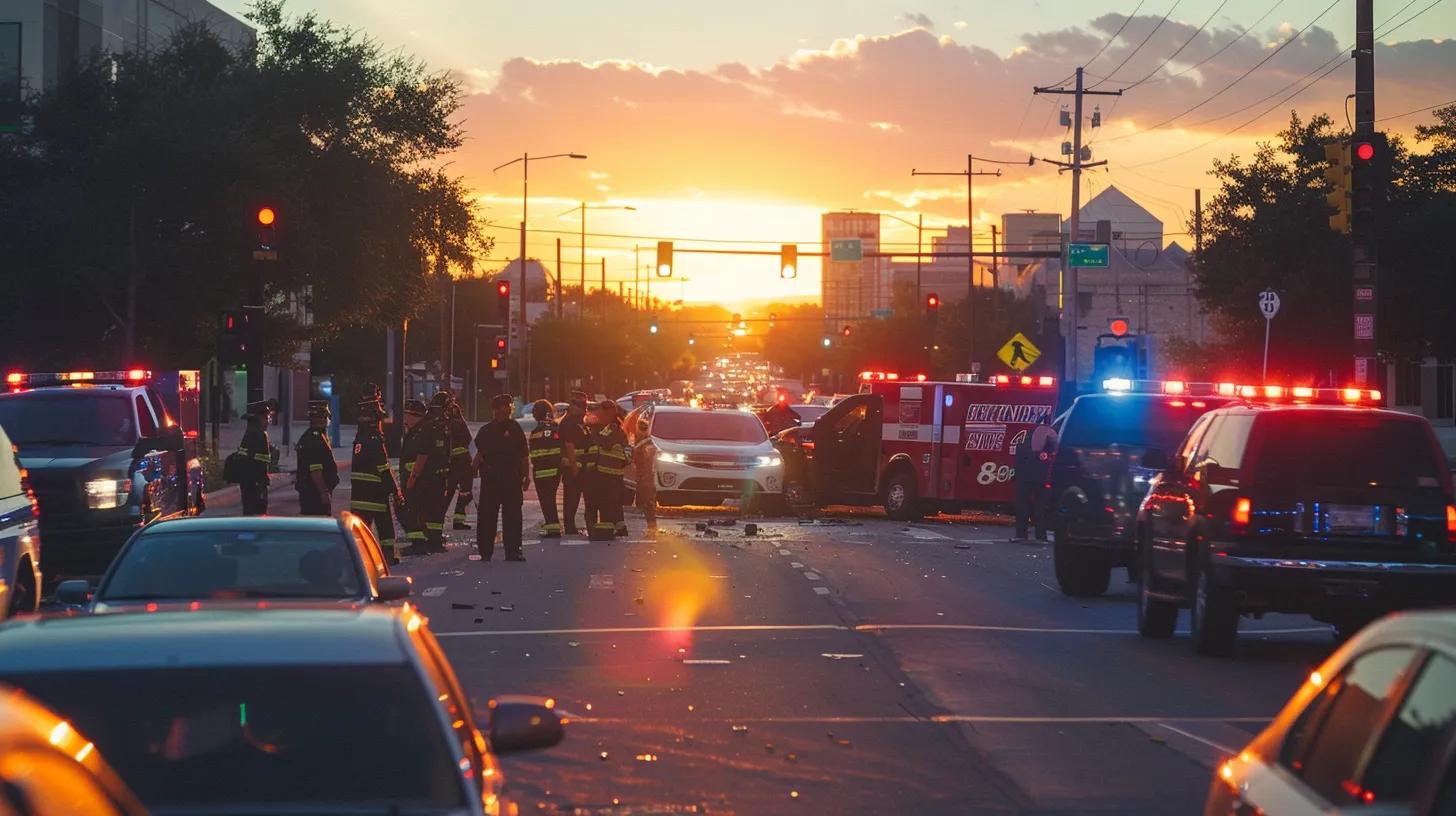 a focused image of a busy austin street after a car accident, showcasing emergency responders tending to a vehicle while onlookers document the scene with smartphones, all under a dramatic sunset.