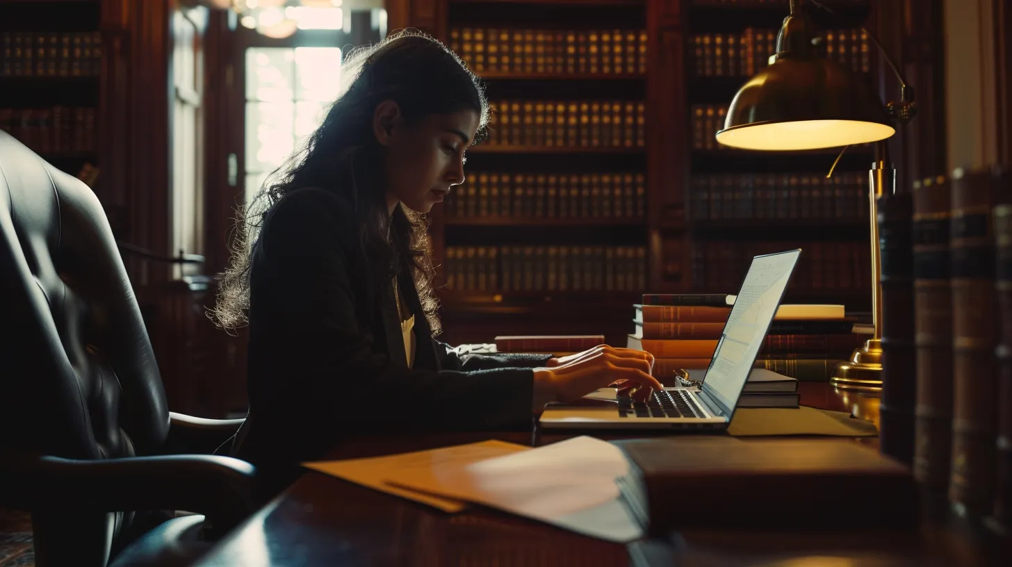 a focused individual intently researches personal injury attorneys online, surrounded by a warm, inviting workspace illuminated by natural light, highlighting a laptop, legal books, and notes on a polished wooden desk.