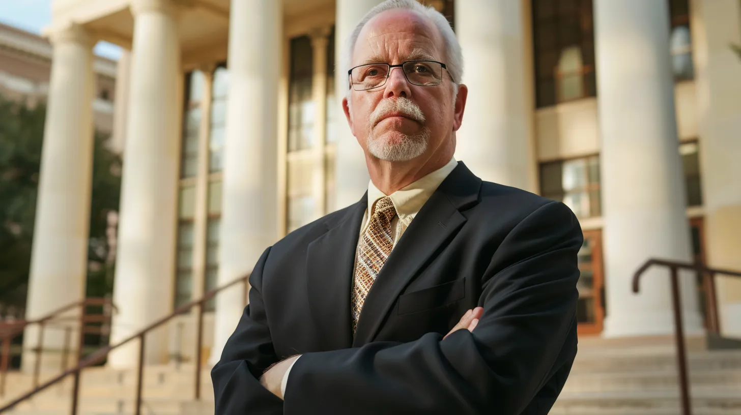 a focused portrait of a determined dallas 18-wheeler accident attorney standing confidently in front of a courthouse, embodying professionalism and compassion, with soft, natural lighting highlighting their commitment to justice for victims.