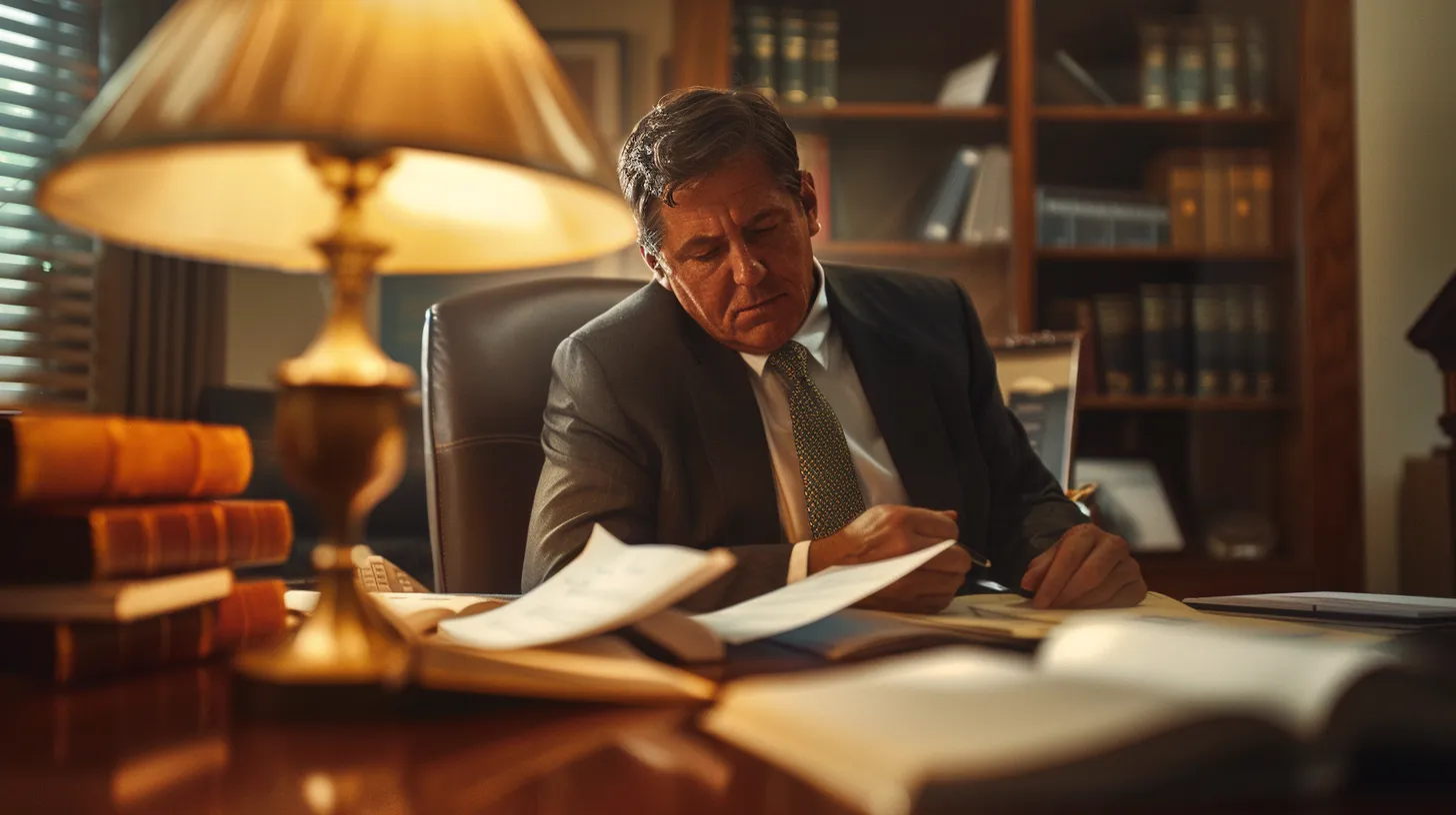 a focused portrayal of a determined slip and fall attorney in an inviting office setting, surrounded by legal documents and case files, deeply engaged in a consultation with a client, illuminated by warm lighting that emphasizes professionalism and empathy.