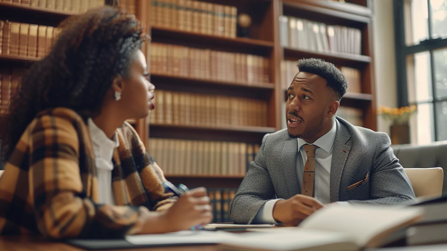 a focused, professional dallas auto accident lawyer passionately consulting with a client in a modern office, surrounded by files and legal books that symbolize the complexities of navigating insurance claims and compensation.