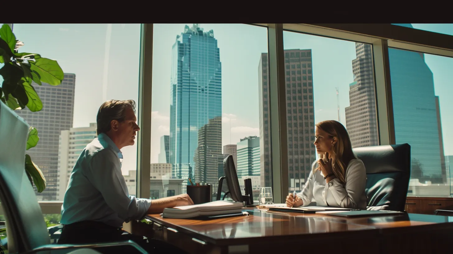 a focused scene captures a dallas auto accident lawyer in a sleek office, engaged in a detailed consultation with a client, surrounded by legal documents and a city skyline visible through the window, highlighting the themes of trust and expertise in navigating personal injury claims.