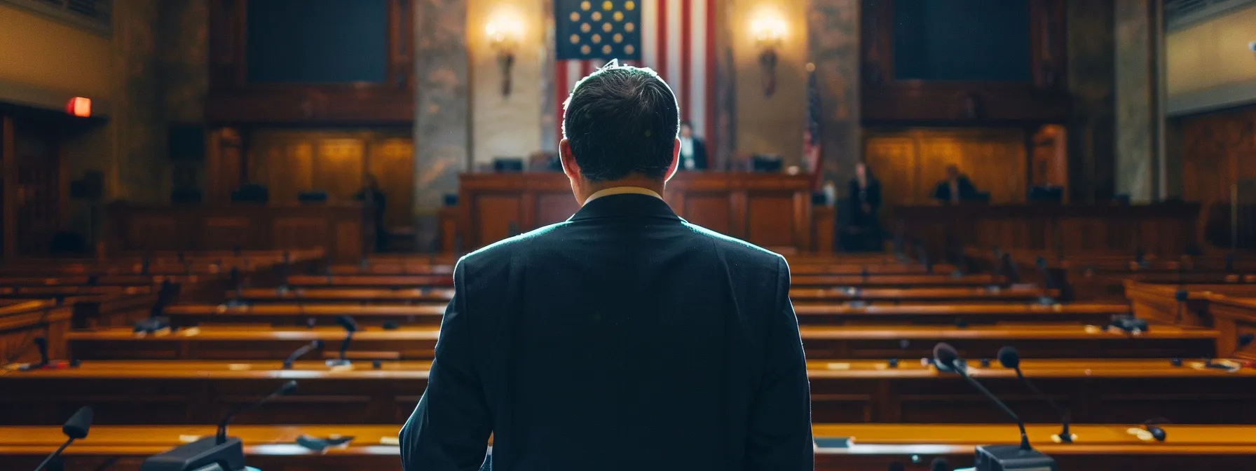 a focused texas truck accident lawyer in a bustling courtroom passionately advocating for a client's rights and fair compensation.