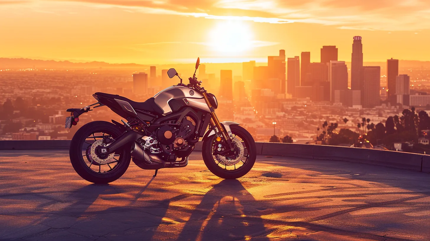 a futuristic motorcycle glistens under the warm glow of a sunset, showcasing cutting-edge safety features and sleek design against a backdrop of an urban skyline, symbolizing the evolution of rider safety in an era of advanced technology.