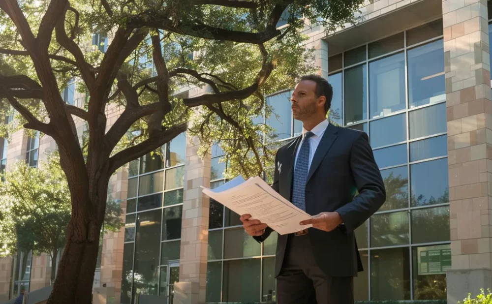 a lawyer holding a stack of legal documents standing in front of a courthouse in texas.