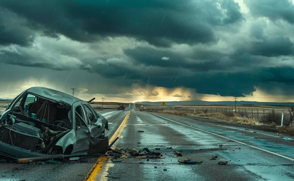 a mangled car crushed on the side of a deserted highway under a stormy sky.