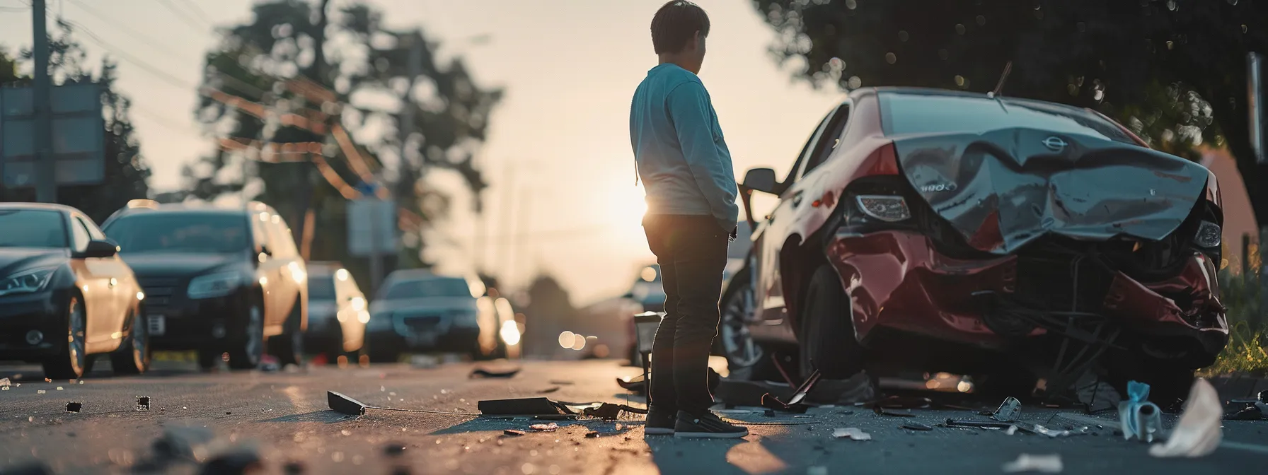 a person carefully examining the scene of a car accident, checking for any signs of injury or danger.