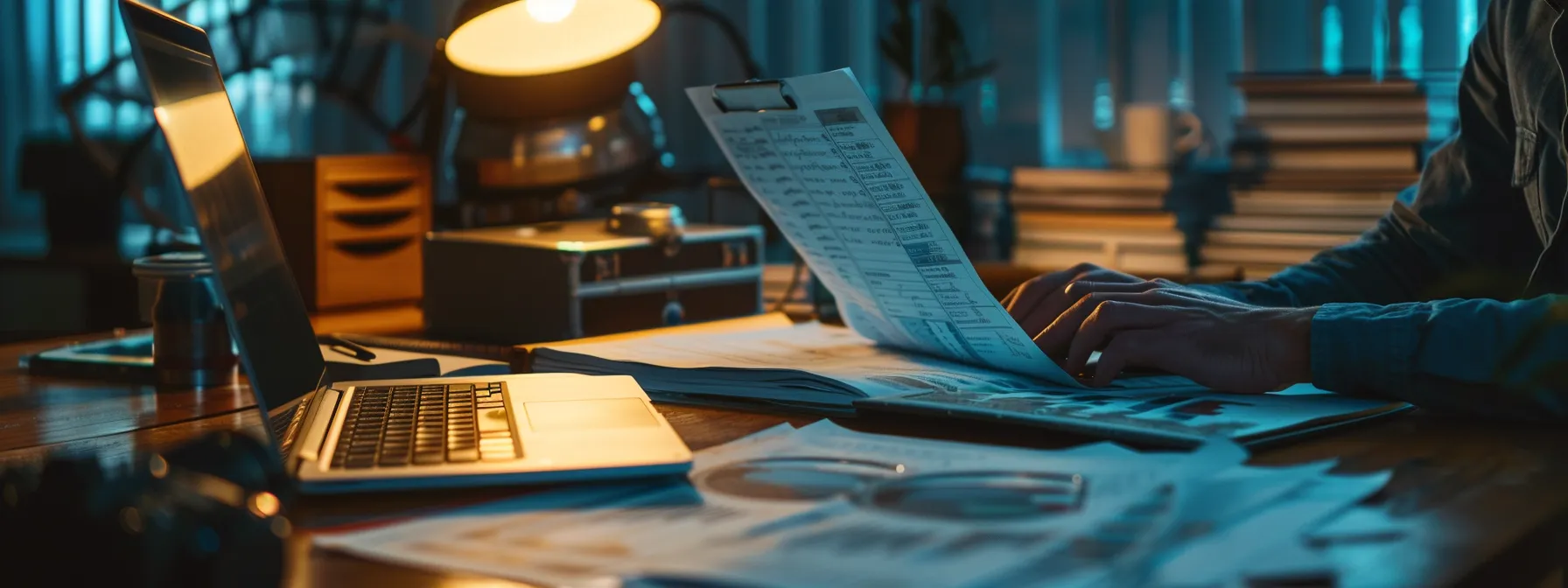 a person carefully reviewing legal documents in a dimly lit room, surrounded by stacks of papers and a laptop displaying car accident statistics on the screen.