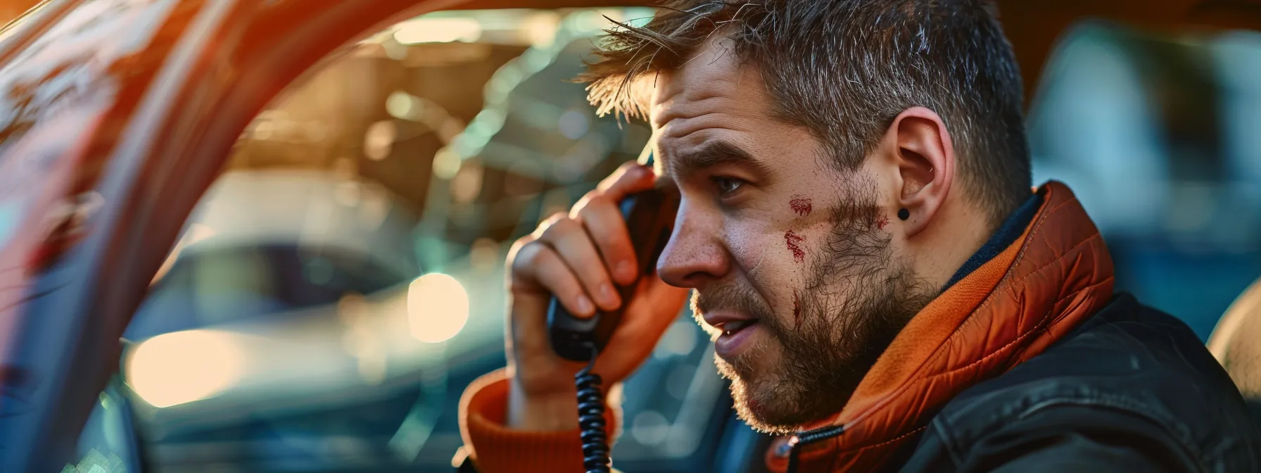 a person confidently on the phone with their insurance company, discussing a car accident, with a look of determination and focus on their face.