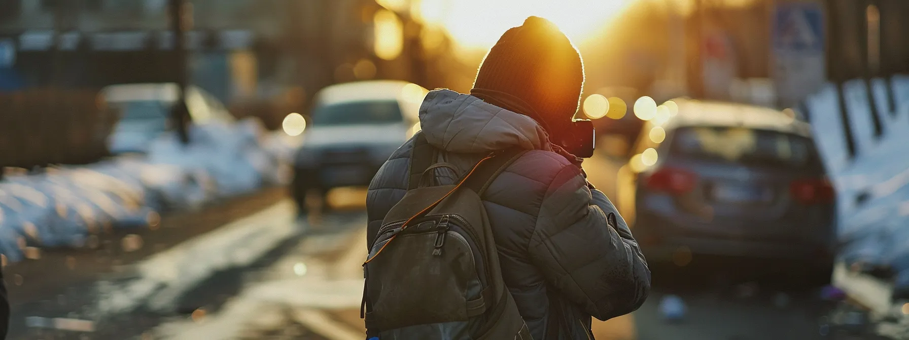 a person holding their injured shoulder while photographing the accident scene with a concerned expression.