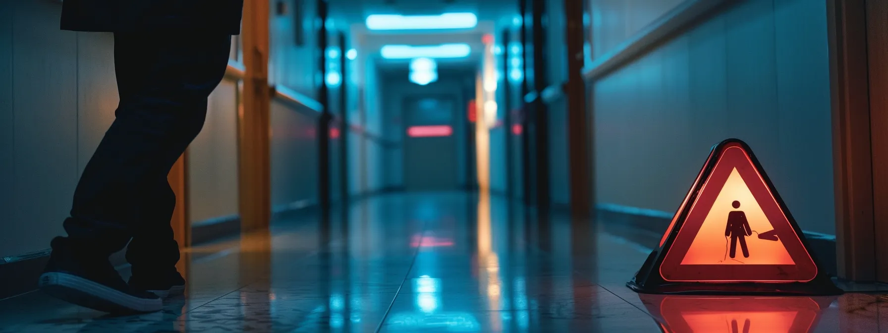 a person pointing at a wet floor sign in a dimly lit hallway, highlighting the importance of determining liability for medical bills after a slip and fall accident.