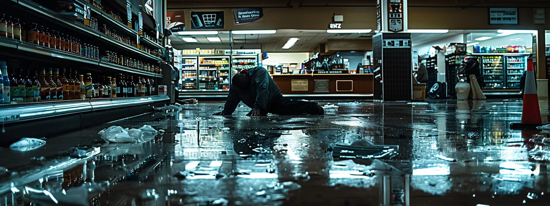 a person slipping on a wet floor in a dimly lit texas store, highlighting the dangers of slip and fall accidents.