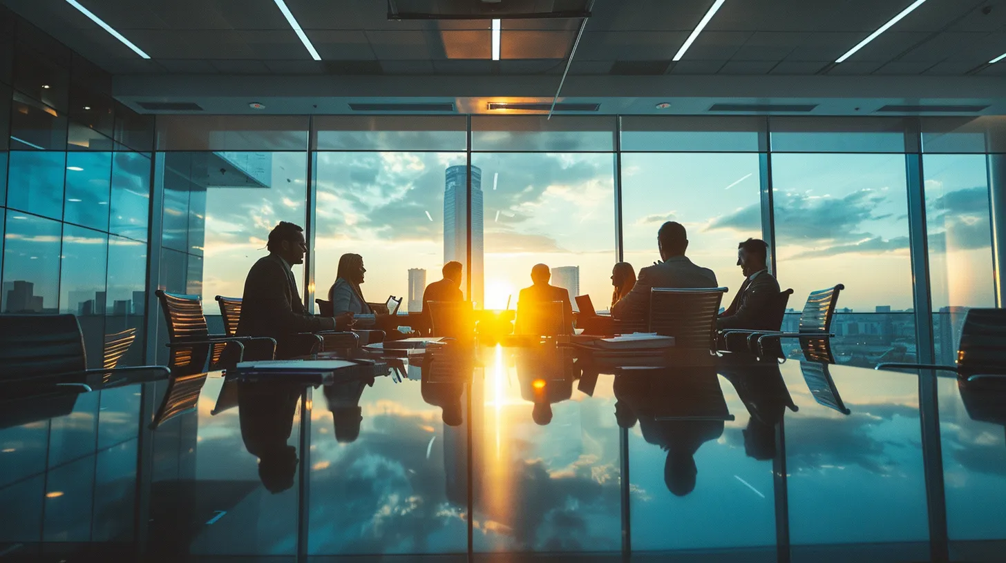 a polished conference room bathed in natural light showcases a diverse legal team engaged in a strategic discussion, surrounded by documents and digital screens that highlight their professional approach to case management in motor vehicle disputes.