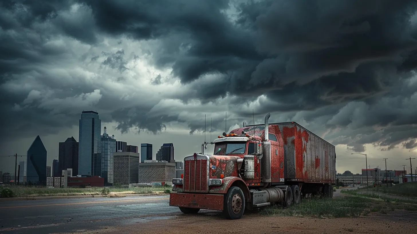 a powerful 18-wheeler looms in the foreground against a stormy dallas skyline, its worn tires and faded paint reflecting the harsh realities of driver fatigue and poor maintenance, while ominous clouds suggest impending danger.