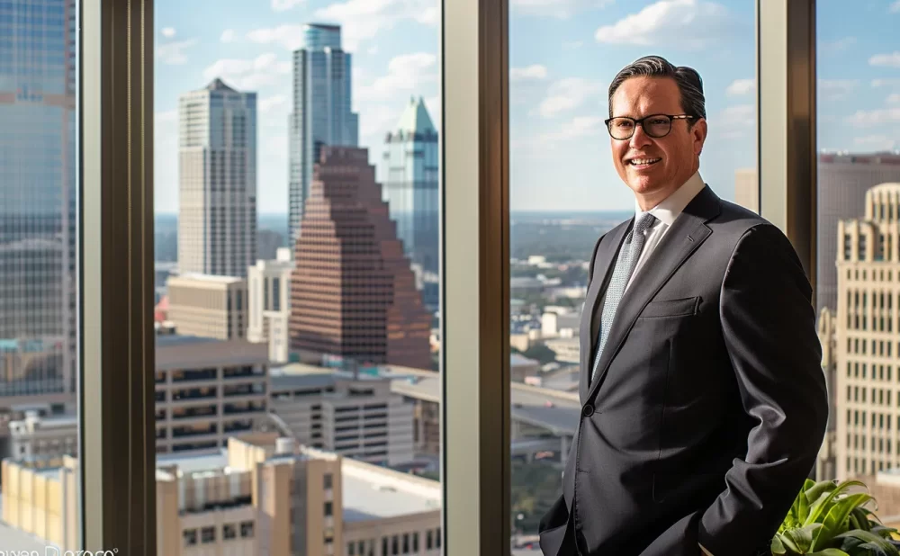 a powerful and confident attorney stands in a sleek, modern office, showcasing determination and expertise while the san antonio skyline is visible through the expansive windows, illuminated by warm, natural light.