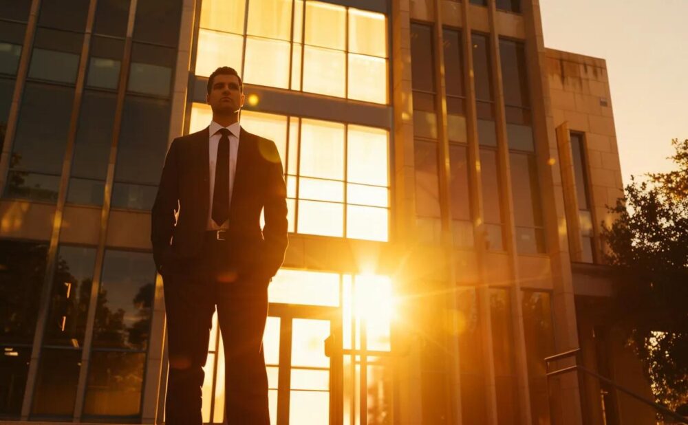 a powerful and confident austin auto accident attorney stands outside a sleek courthouse, bathed in warm golden hour light, exuding determination and professionalism as they embody the promise of justice and support for clients.