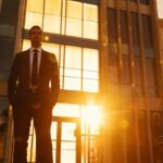 a powerful and confident austin auto accident attorney stands outside a sleek courthouse, bathed in warm golden hour light, exuding determination and professionalism as they embody the promise of justice and support for clients.