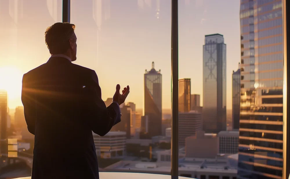 a powerful and dynamic shot of a skilled attorney confidently addressing a group in a sleek, modern office, with the dallas skyline visible through large windows in the background, illuminated by warm, soft lighting.