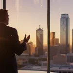 a powerful and dynamic shot of a skilled attorney confidently addressing a group in a sleek, modern office, with the dallas skyline visible through large windows in the background, illuminated by warm, soft lighting.