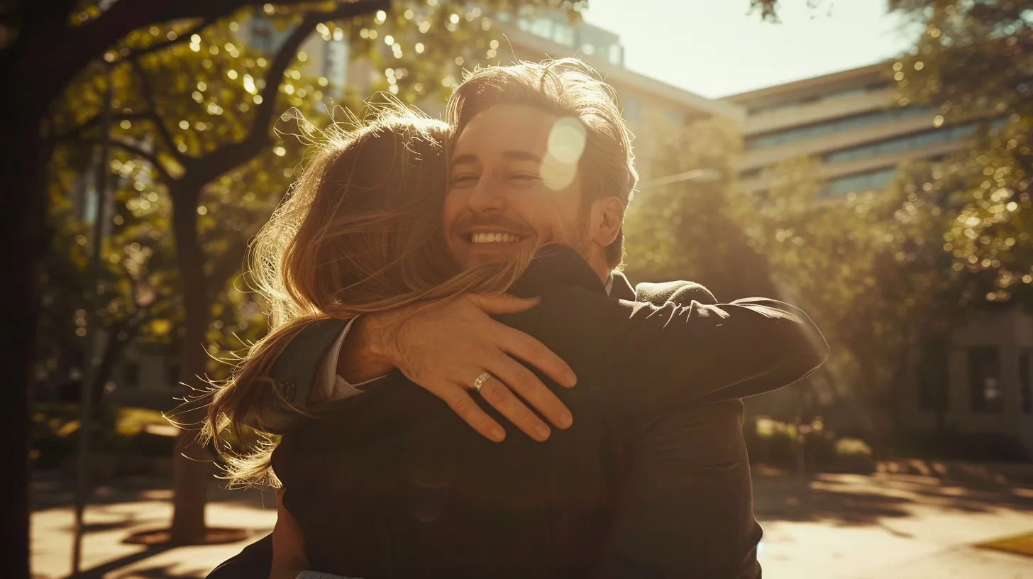 a powerful and emotional scene of a joyful client embracing a dallas auto accident lawyer outside a courthouse, sunlight streaming through the trees, symbolizing triumph and recovery after a challenging legal journey.