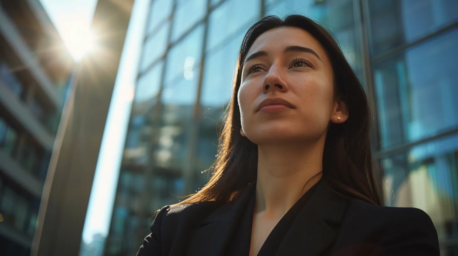 a powerful close-up of a confident, professional lawyer standing in front of a modern office building, radiating determination and care, symbolizing dedicated client advocacy and justice for vehicle accident victims.