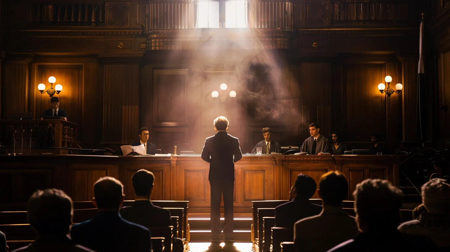 a powerful courtroom scene captures a determined lawyer presenting compelling evidence in front of a judge, illuminated by dramatic, focused lighting that highlights the tension and pursuit of justice for accident victims.