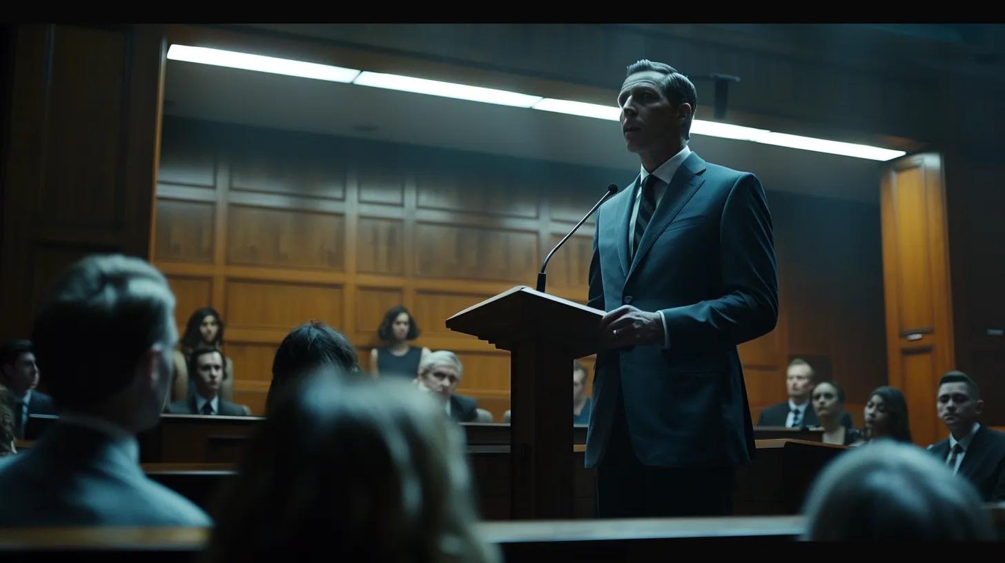 a powerful courtroom scene showcases a determined attorney presenting compelling evidence, bathed in dramatic lighting, as an attentive jury listens intently, embodying the pursuit of justice and accountability.