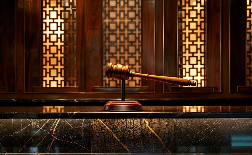 a powerful gavel hovers above a sleek, reflective surface, symbolizing justice and the protection of rights in a modern legal setting, illuminated by warm, focused lighting.