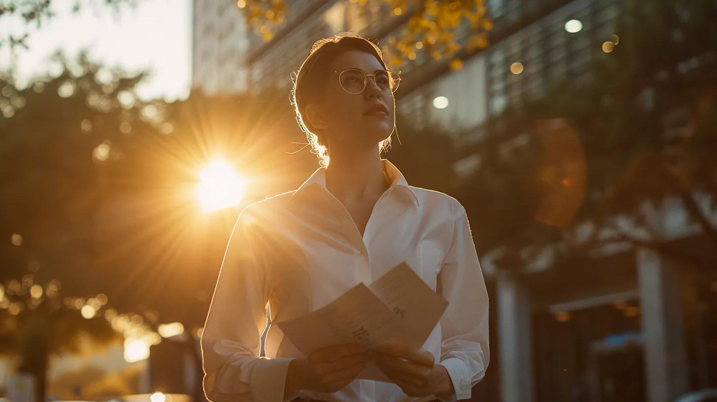 a powerful image captures a determined car accident victim standing confidently outside a prominent austin law firm, symbolically holding a settlement check under a radiant sunset, showcasing their journey from adversity to triumph.