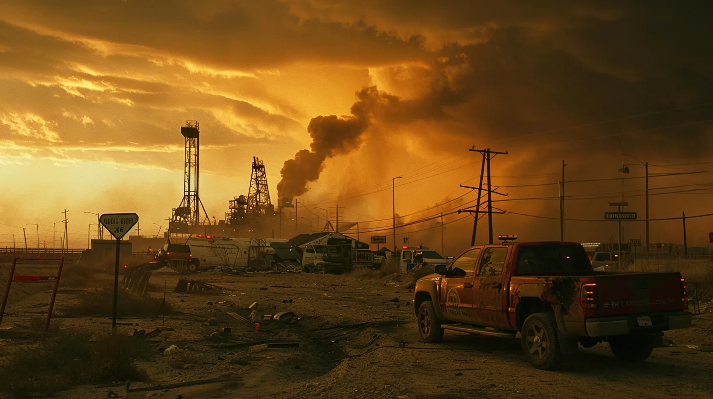 a powerful image capturing an oilfield accident scene bathed in golden dusk light, with a heavy rig silhouetted against a dramatic sky, emphasizing the urgency of medical attention and safety protocols amid a backdrop of hazard signs and equipment.