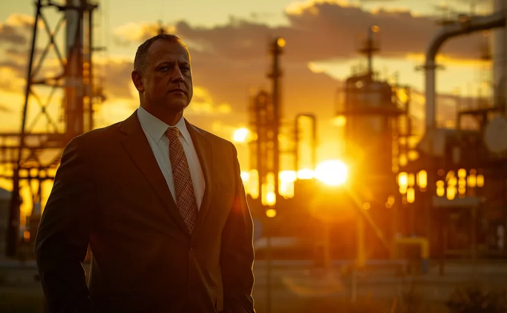 a powerful image of a determined lawyer standing confidently in front of an oilfield, with the setting sun casting a golden glow over the machinery, symbolizing the fight for justice and worker safety in the oil industry.