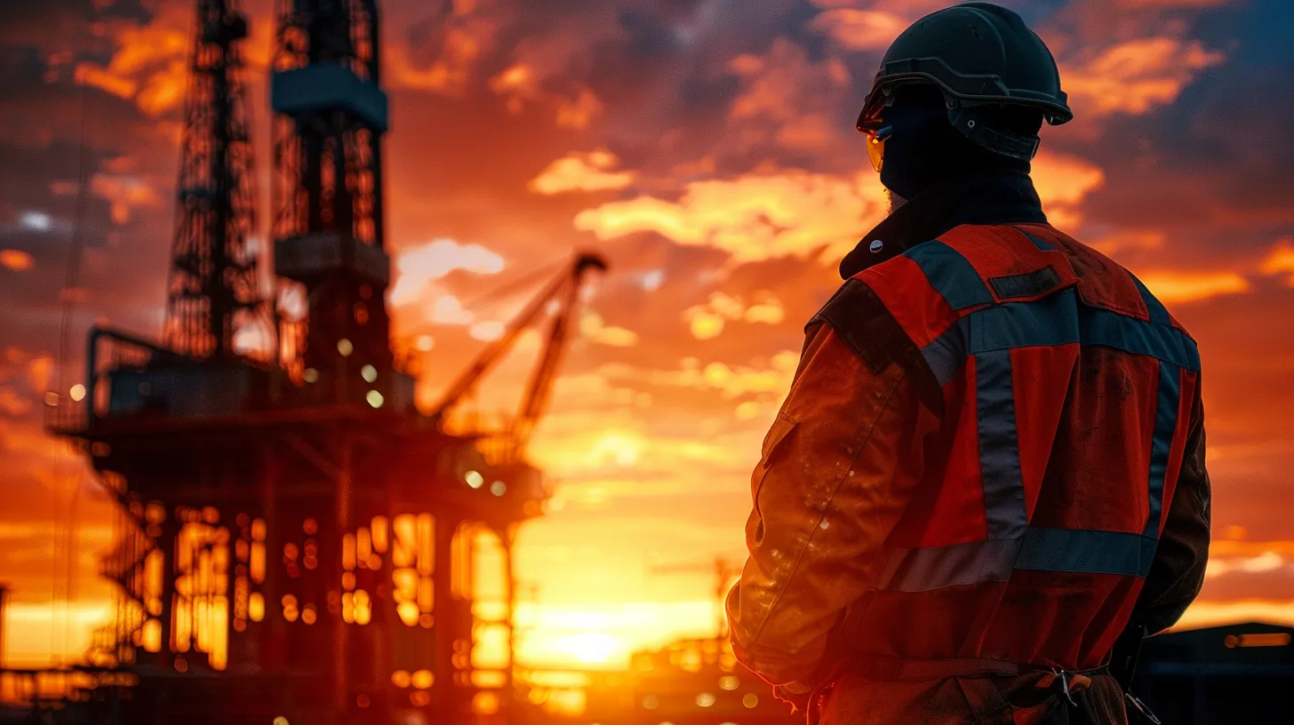 a powerful image of a rugged oilfield worker in protective gear, standing amidst towering machinery and a stark, fiery sunset, symbolizing the dangers and serious injuries faced in oilfield accidents.