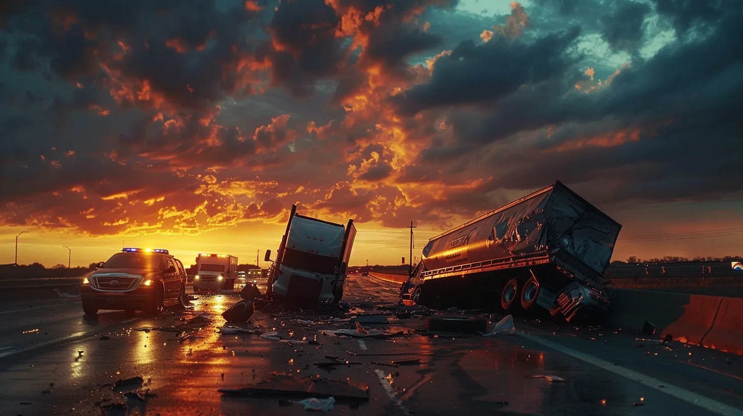 a powerful image of a devastated highway scene featuring a wrecked 18-wheeler, surrounded by emergency responders, under a dramatic sky that conveys the urgency and seriousness of seeking justice for accident victims.