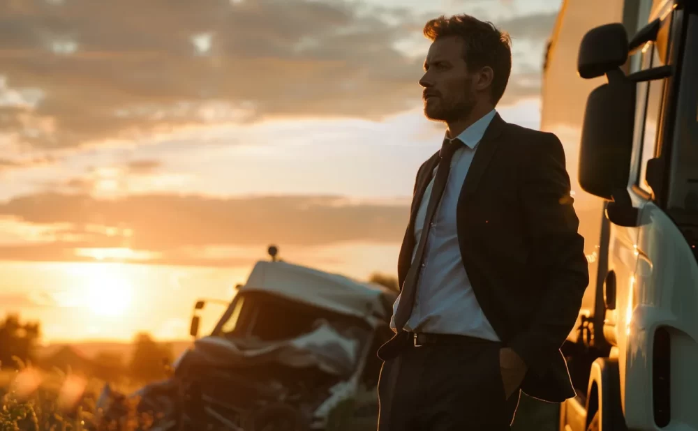 a powerful image of a confident lawyer standing beside a distressed truck at the scene of an accident, with a somber yet determined expression, illuminated by the golden light of the setting sun, capturing the essence of experienced legal support in challenging times.